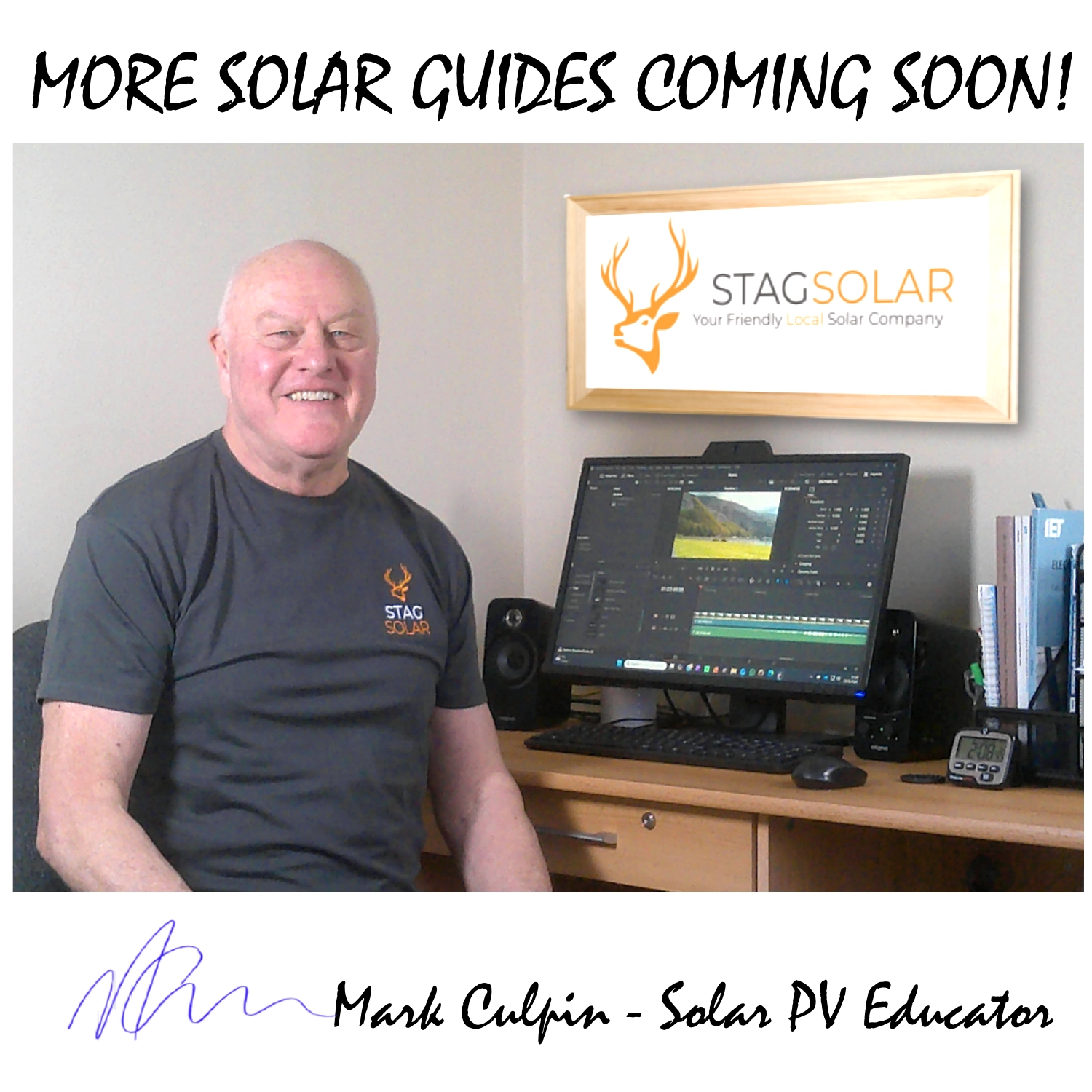 Solar Educator Essex sitting at desk signing off a Solar PV blog post with handwritten signature.