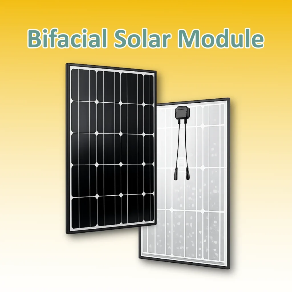 Bifacial solar panel showing front and rear glass surfaces designed to generate electricity from both sides.