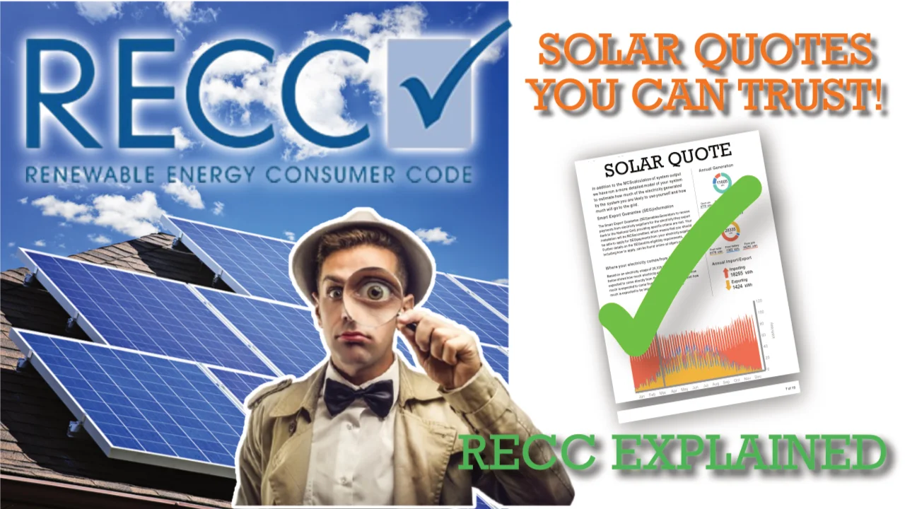 Illustration showing RECC Renewable Energy Consumer Code certification with solar panels and a verified solar quote.