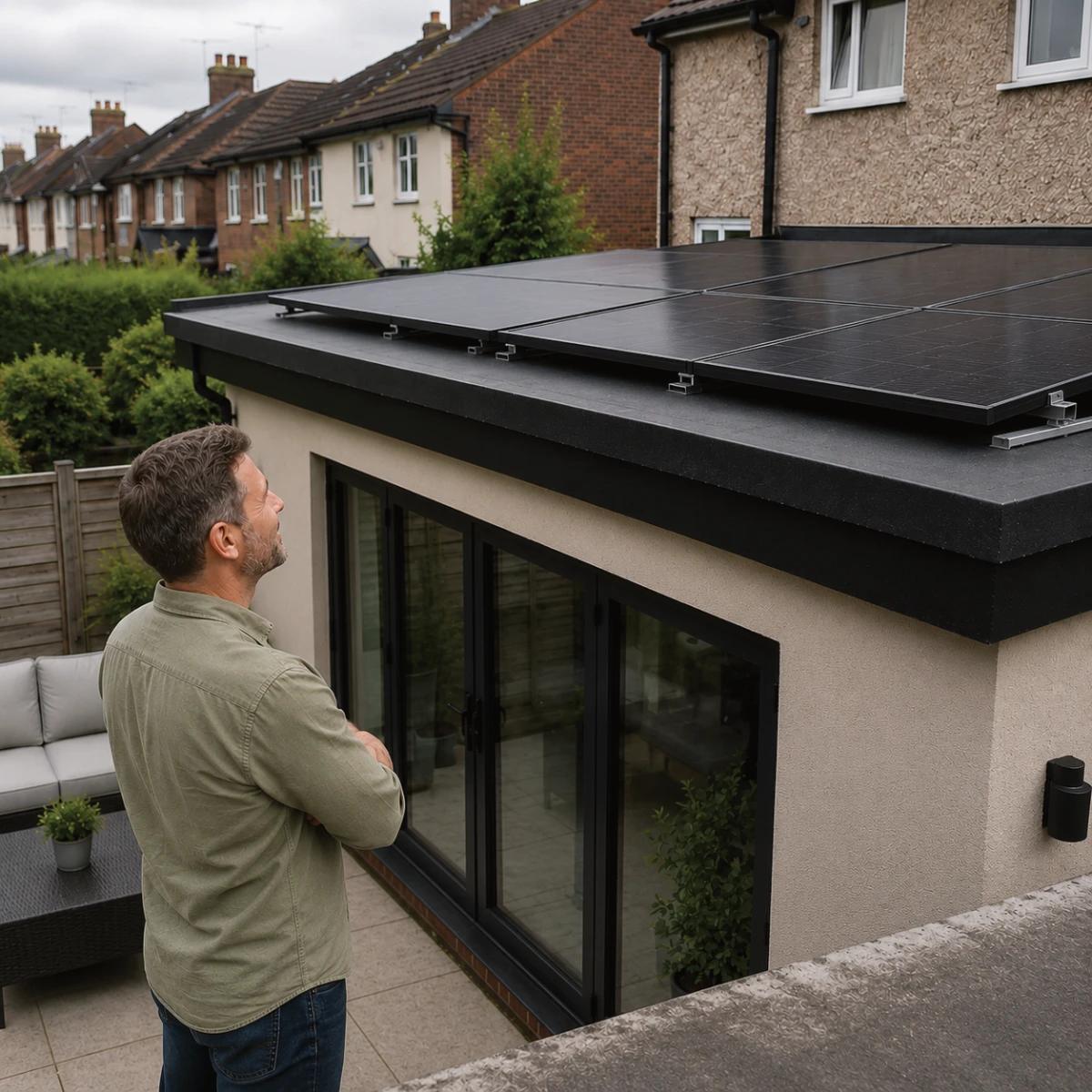 Homeowner looking at a completed solar panel installation on a domestic flat roof extension