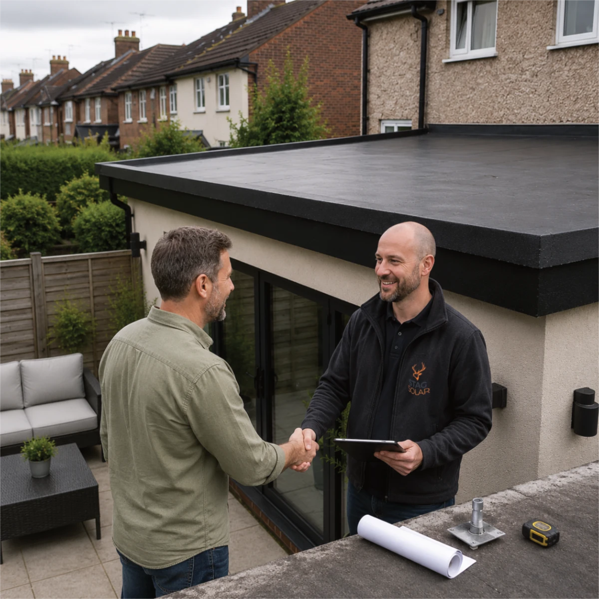 Solar installer shaking hands with a homeowner after assessing a flat roof for solar panels