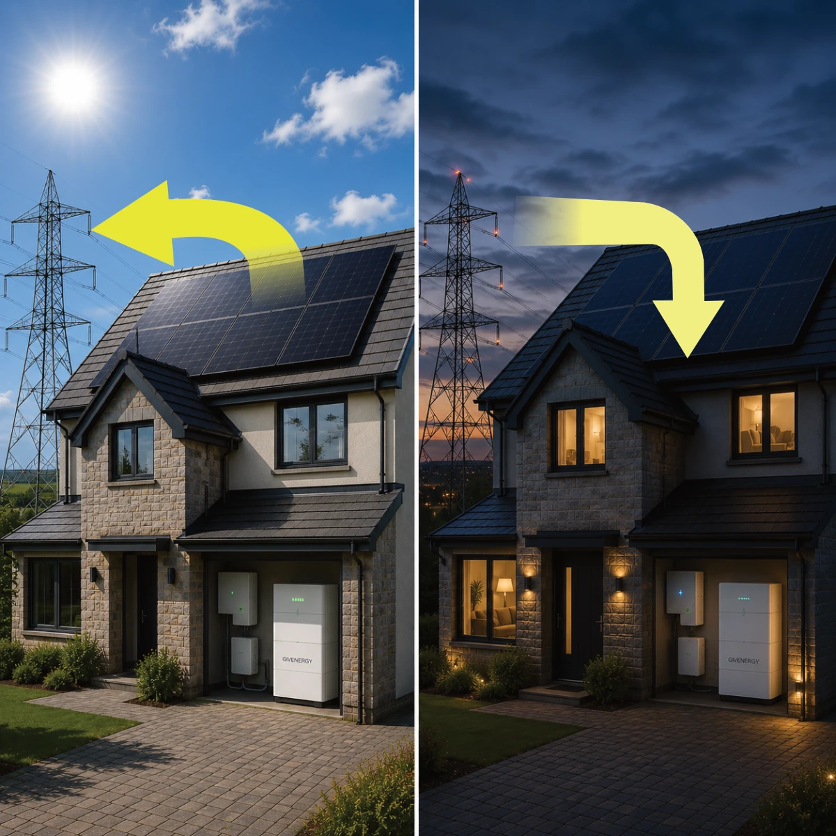 UK home exporting surplus solar electricity by day and importing electricity from the grid at night
