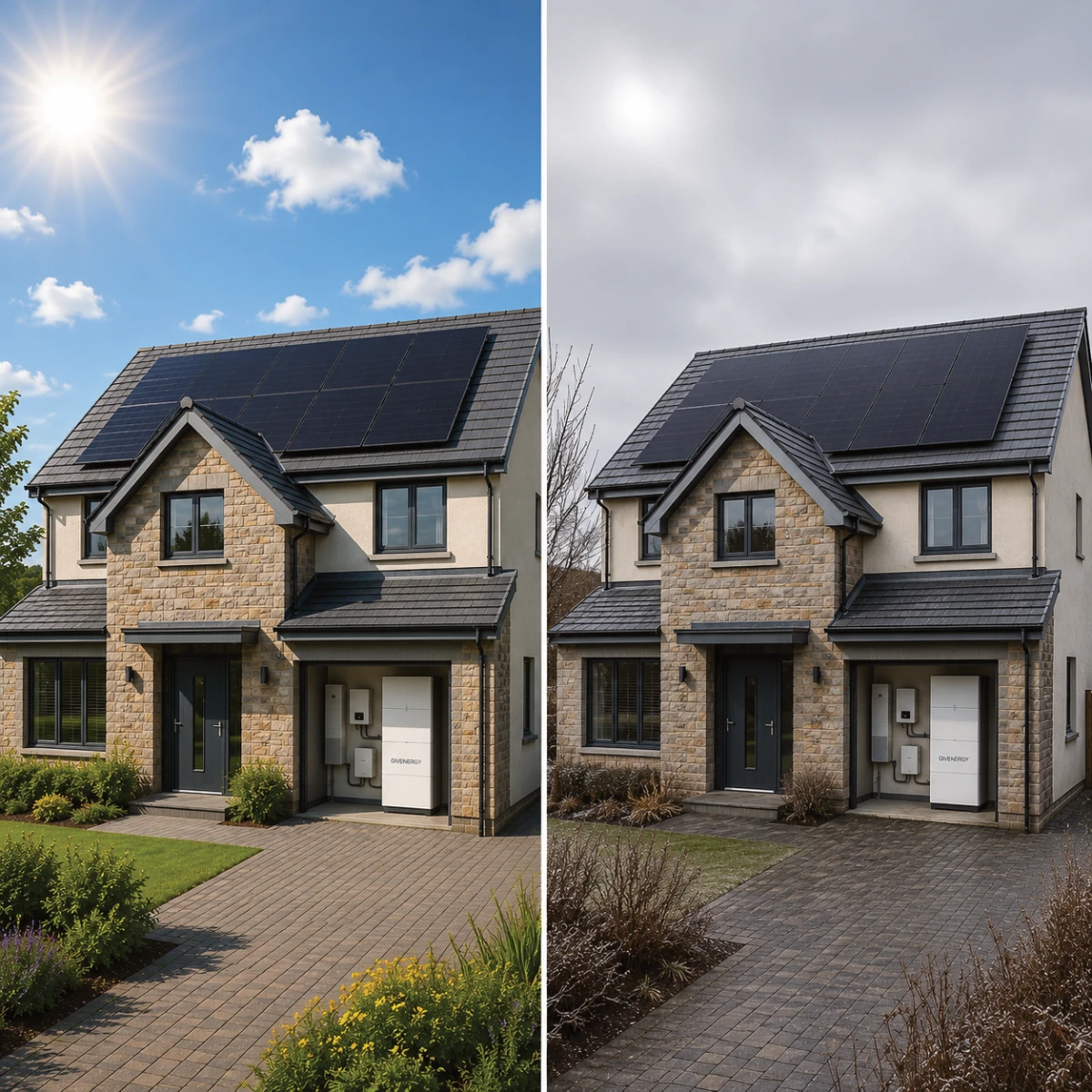 Same UK home with solar panels shown in bright summer sunshine and lower winter light