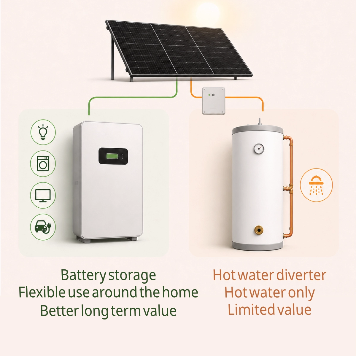Comparison of battery storage and a hot water diverter for using surplus solar energy