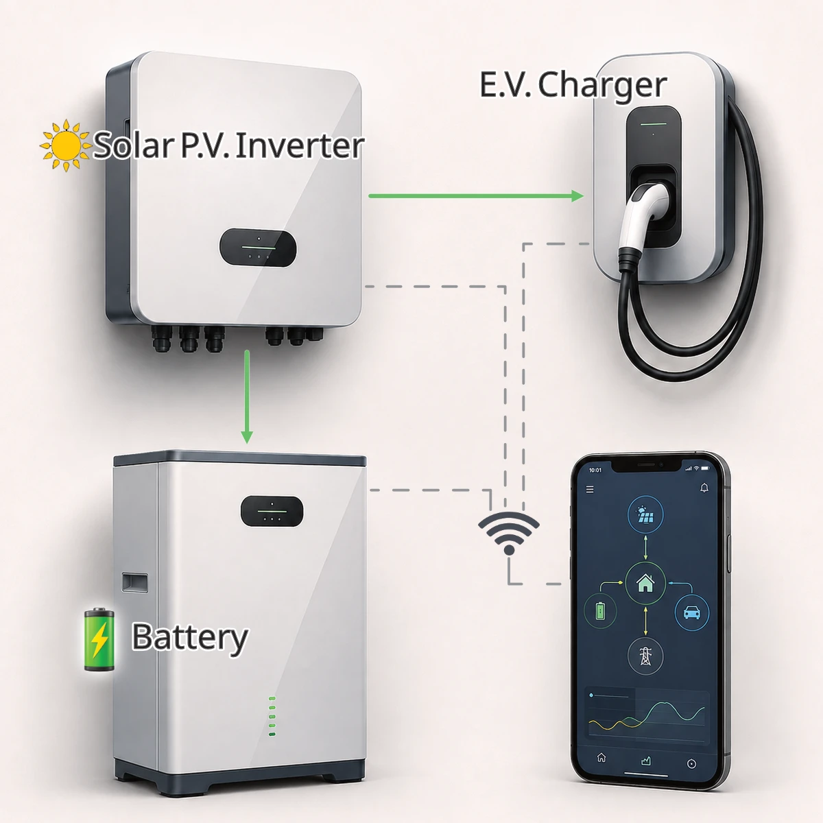 Compatible solar inverter, battery and EV charger linked to one monitoring app