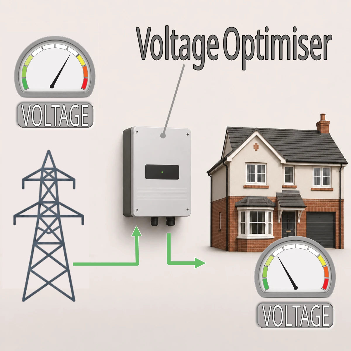 Diagram showing electricity passing through a voltage optimiser before reaching a home