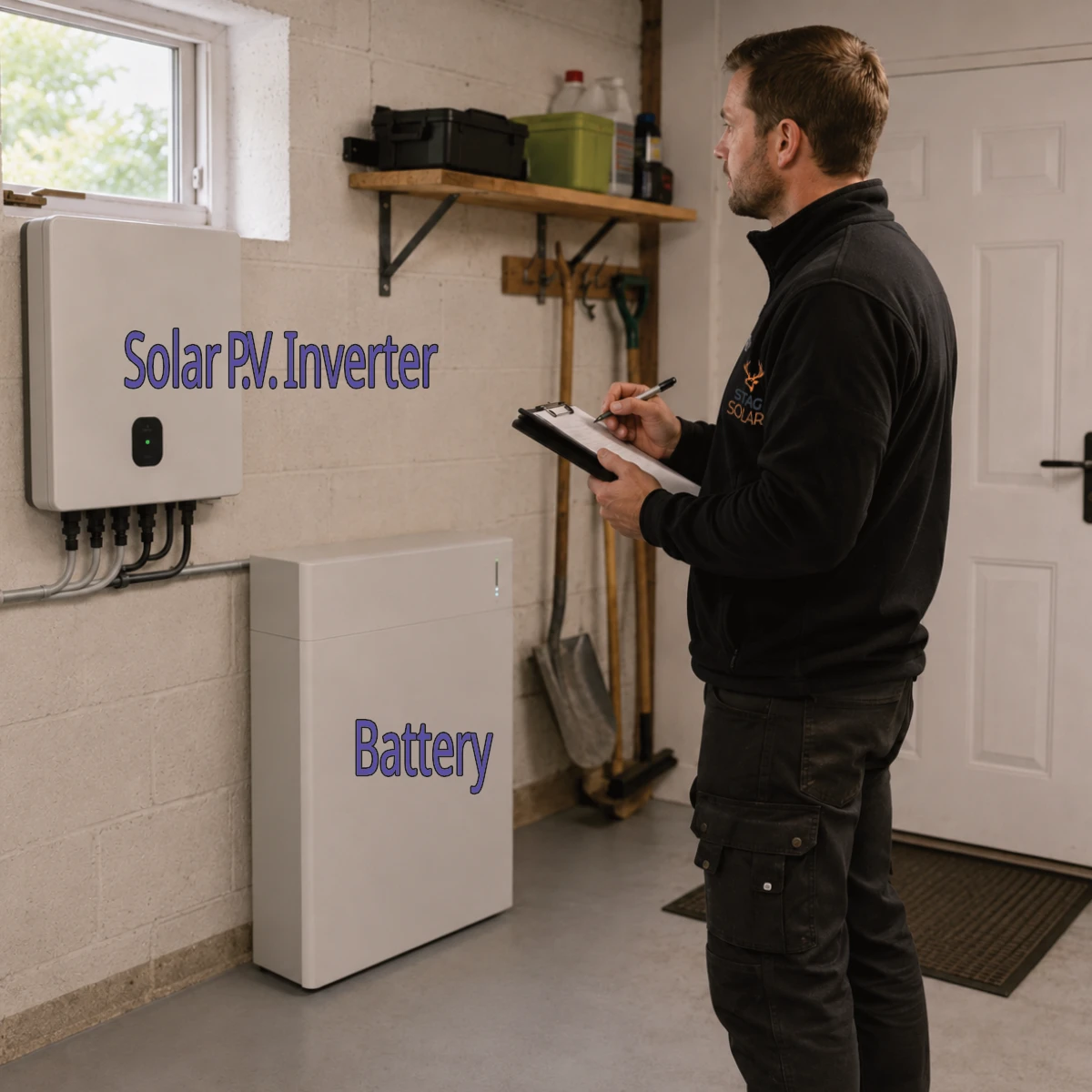 Solar installer assessing an indoor battery and inverter installation location