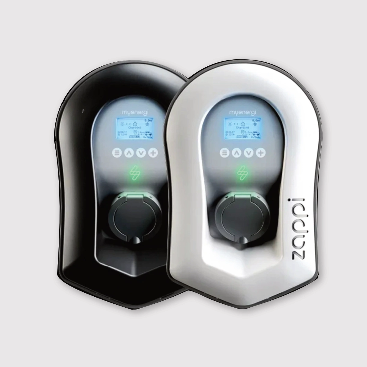 Myenergi Zappi EV charger shown in black and white versions