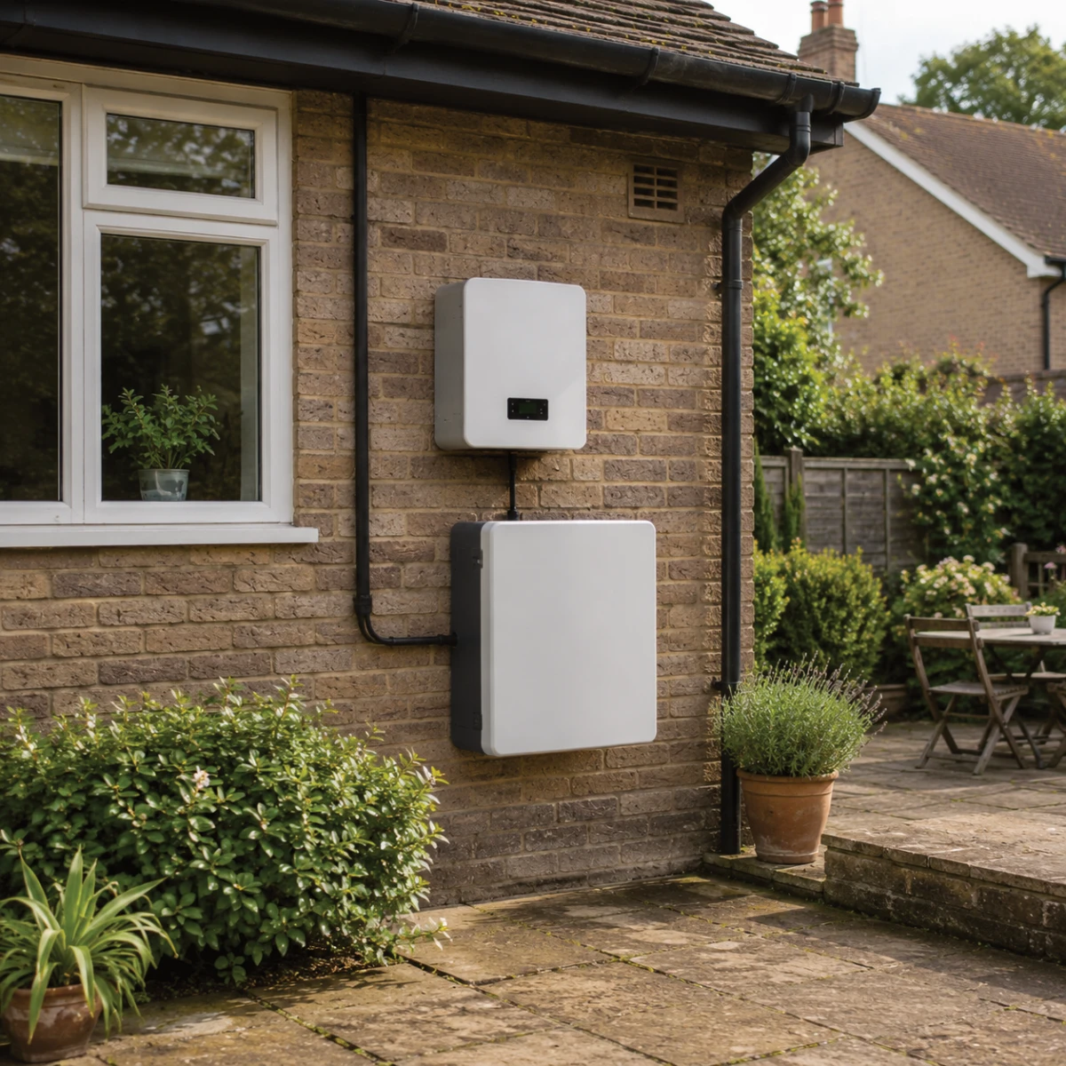 Solar battery and inverter installed on a sheltered outside wall of a UK home
