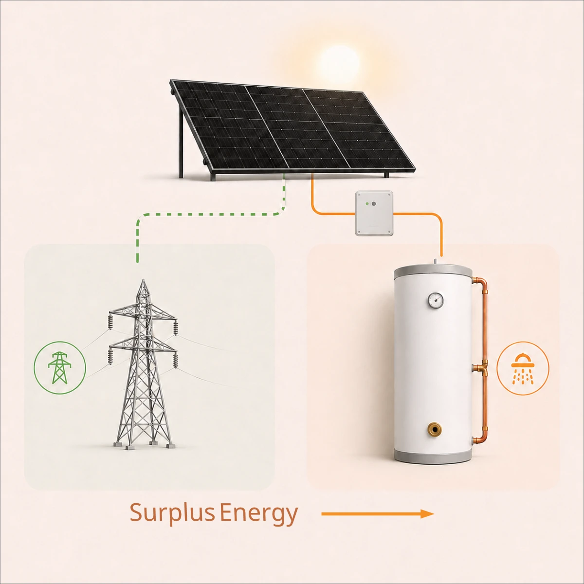 Surplus solar energy diverted to a hot water cylinder instead of being exported to the grid