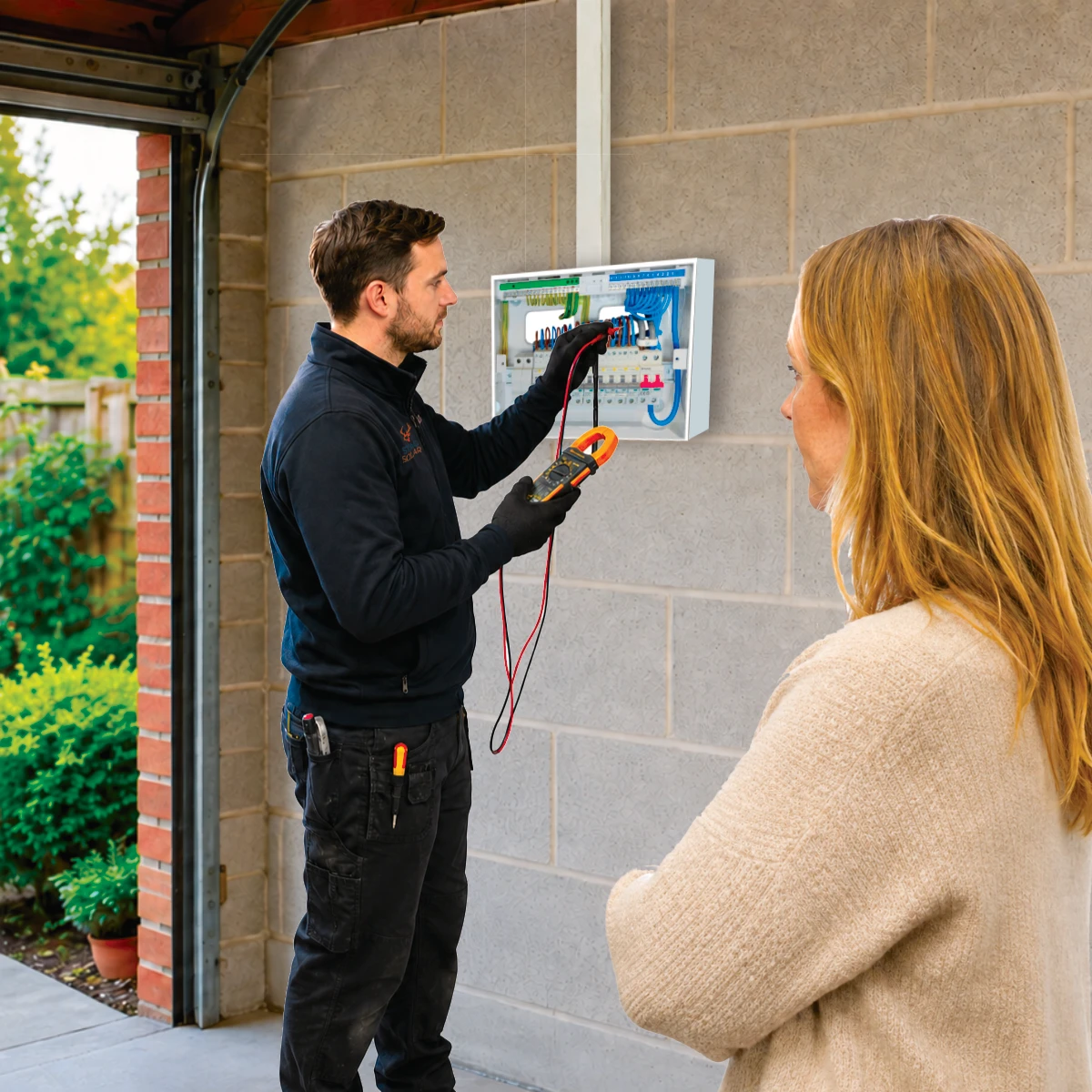 Electrician testing a home electrical supply while the homeowner observes