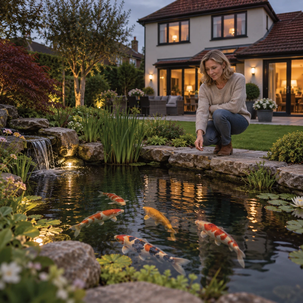 Koi pond with fish and water circulation system in a domestic garden.