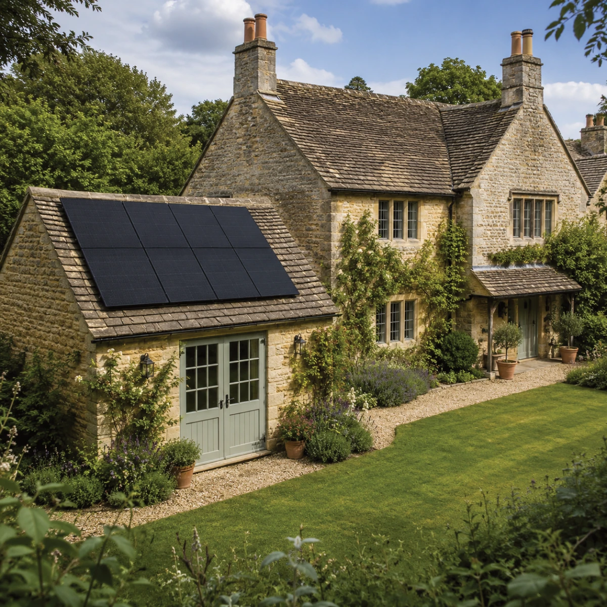 Solar panels installed on an outbuilding beside a listed property
