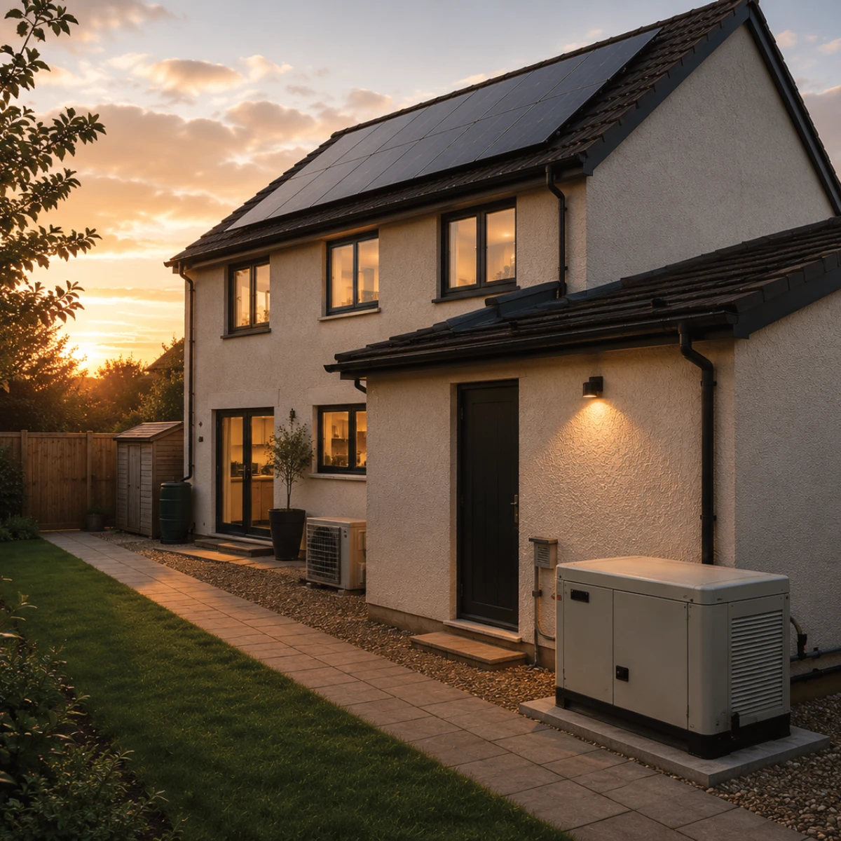 UK home with solar panels and a backup generator positioned at the side of the property