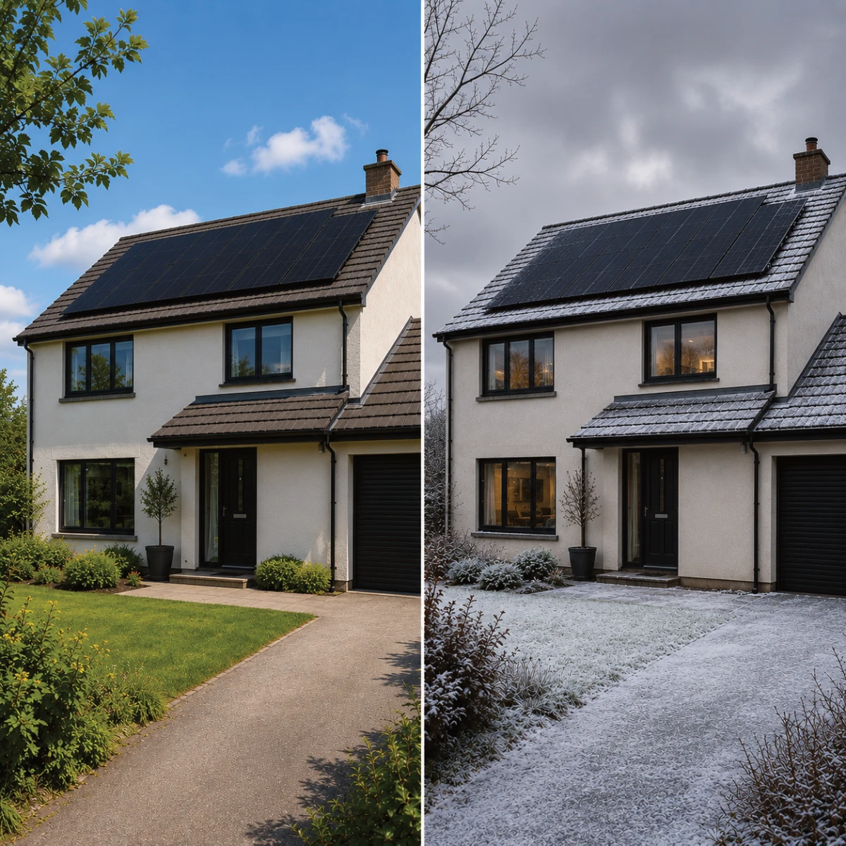 UK home with solar panels shown in bright summer and gloomy winter conditions